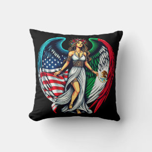 American and Mexico Flag Angel woMan Patriotic Art Cushion