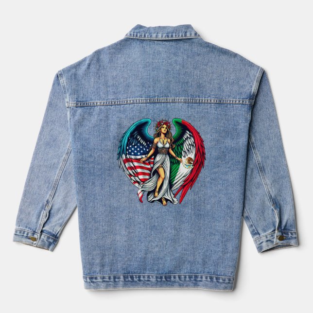 American and Mexico Flag Angel woMan Patriotic Art Denim Jacket (Back)