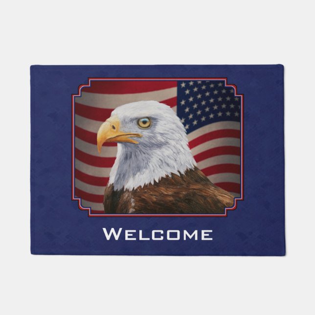 American Bald Eagle and Flag Blue Doormat (Front)