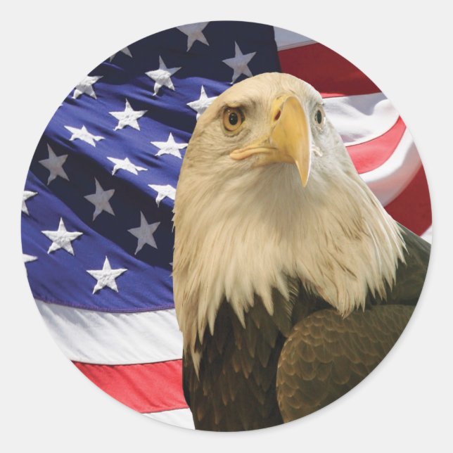 American Bald Eagle and Flag Classic Round Sticker (Front)