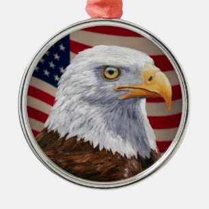 American Bald Eagle and Flag Metal Ornament