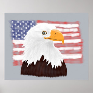 American Bald Eagle and Flag - transparent on grey Poster