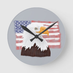 American Bald Eagle and Flag - transparent on grey Round Clock