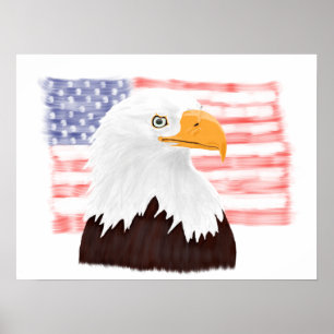 American Bald Eagle and Flag - transparent white. Poster