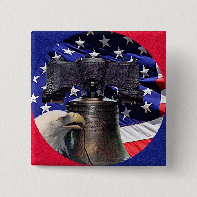 American Bald Eagle, Bell and Flag 15 Cm Square Badge (Front)