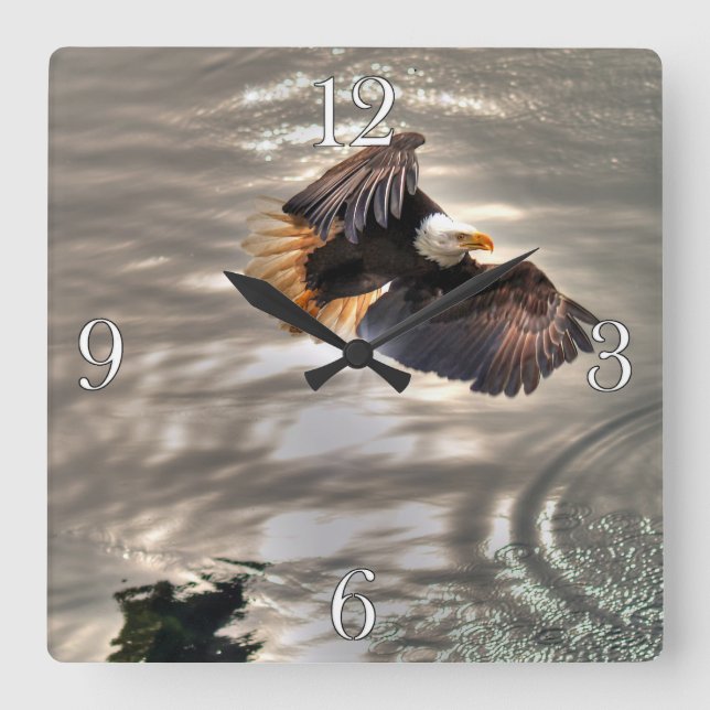 American Bald Eagle Flying Over Ocean Square Wall Clock (Front)