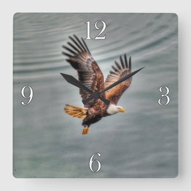American Bald Eagle Flying Over Ocean Square Wall Clock (Front)
