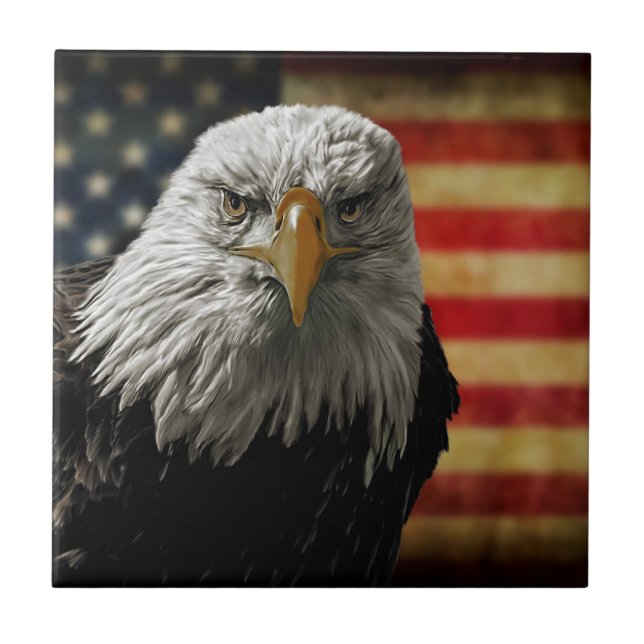 American Bald Eagle on Grunge Flag Ceramic Tile (Front)