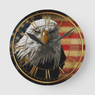 American Bald Eagle on Grunge Flag Round Clock
