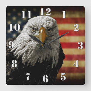 American Bald Eagle on Grunge Flag Square Wall Clock