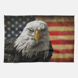 American Bald Eagle on Grunge Flag Tea Towel