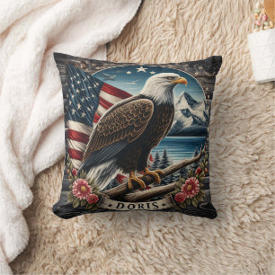 American Bald Eagle Perched by Mountain Lake Cushion