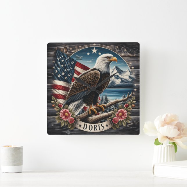 American Bald Eagle Perched by Mountain Lake Square Wall Clock (Home)