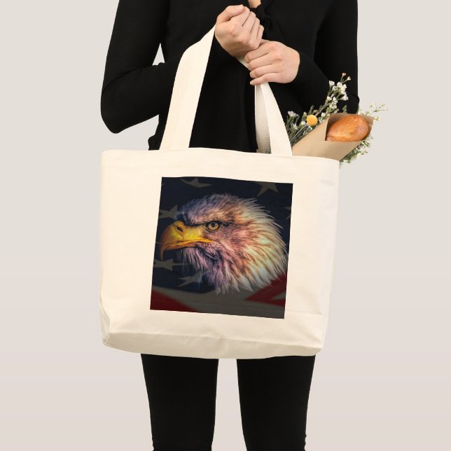 American Bald Eagle With Flag Large Tote Bag (Front (Product))