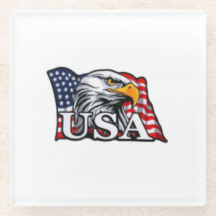 American Bald Eagle with USA Flag – Patriotic USA Glass Coaster