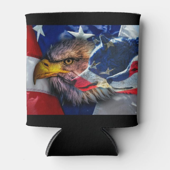 American Bald Eagle Wolf Flag Patriotic Can Cooler (Front)