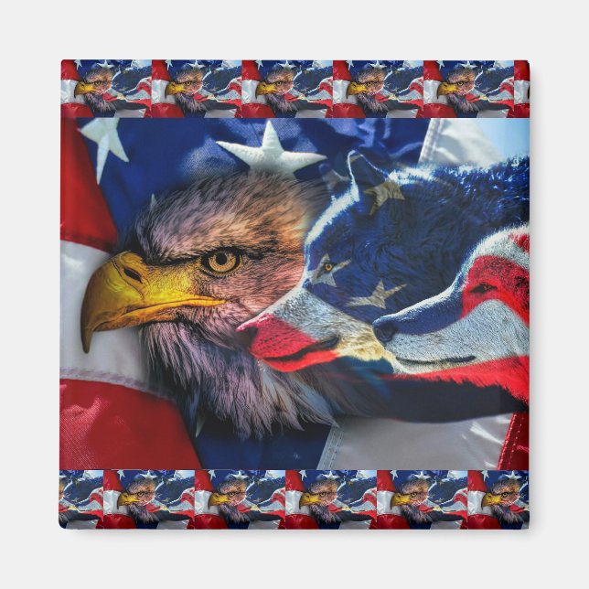 American Bald Eagle Wolf Flag Patriotic Magnet (Front)