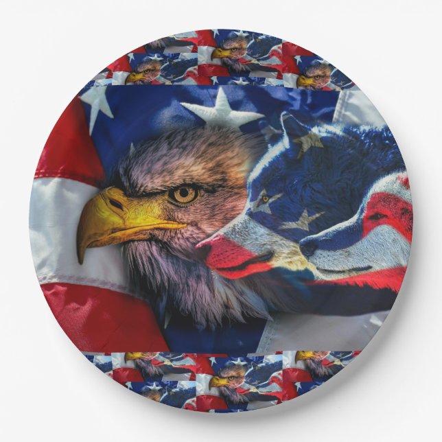 American Bald Eagle Wolf Flag Patriotic Paper Plate (Front)