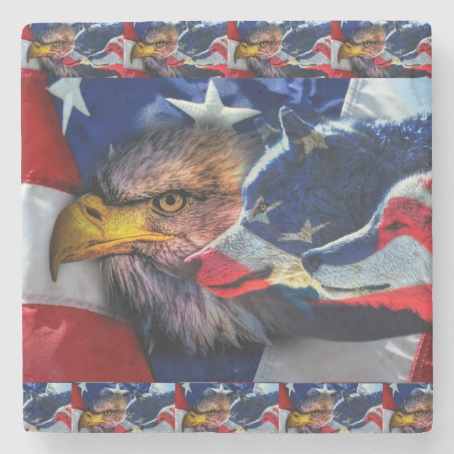 American Bald Eagle Wolf Flag Patriotic Stone Coaster (Front)