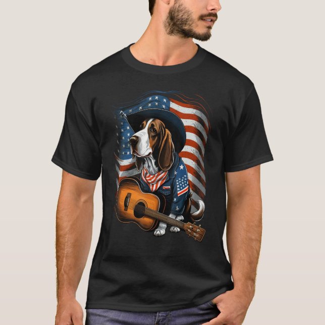 American Basset Hound Guitar USA County Music T-Shirt (Front)