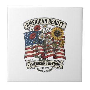 American Beauty Floral Flag Patriotic Ceramic Tile