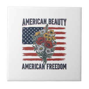 American Beauty Freedom Floral Flag Ceramic Tile