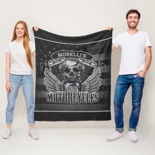 American Biker ADD NAME Skull V-Twin Motorcycles Fleece Blanket