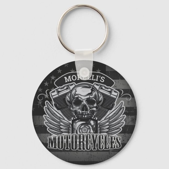 American Biker ADD NAME Skull V-Twin Motorcycles Key Ring (Front)