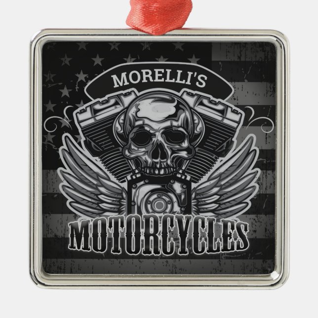 American Biker ADD NAME Skull V-Twin Motorcycles Metal Ornament (Front)
