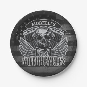 American Biker ADD NAME Skull V-Twin Motorcycles Paper Plate