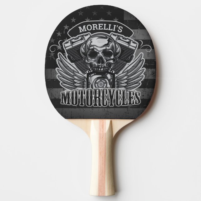 American Biker ADD NAME Skull V-Twin Motorcycles Ping Pong Paddle (Front)