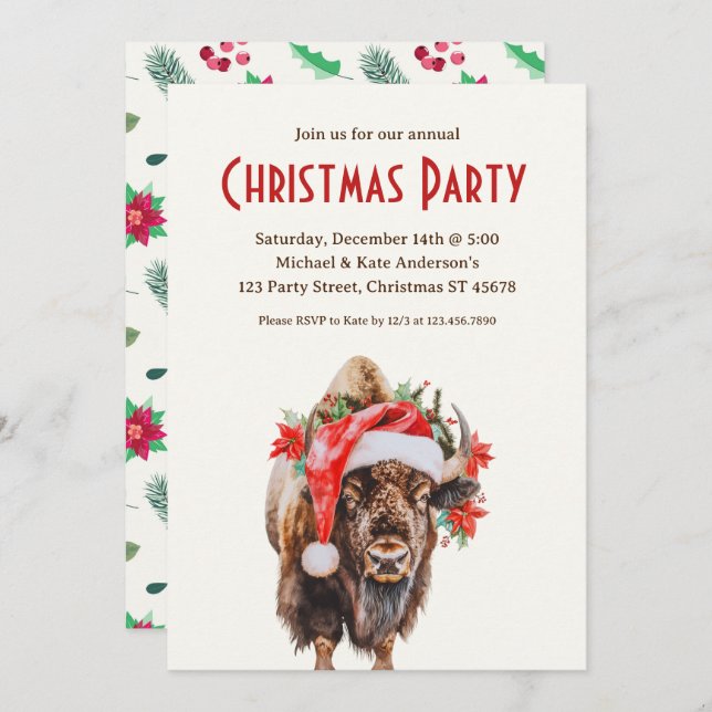 American Bison Buffalo Santa Hat Christmas Party Invitation (Front/Back)