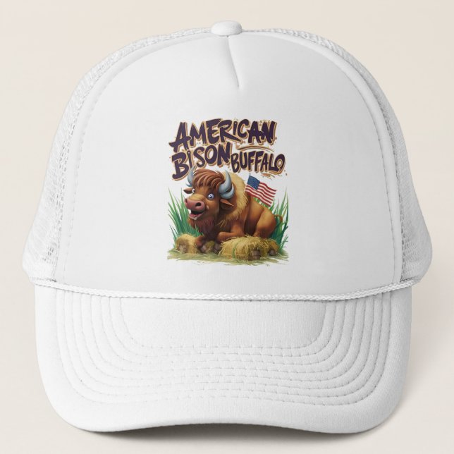 American Bison Buffalo With American Flag Trucker Hat (Front)