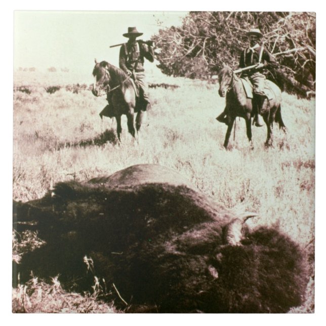 American Bison Hunters (b/w photo) Tile (Front)
