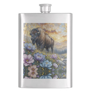 American Bison in floral mountain valley Hip Flask