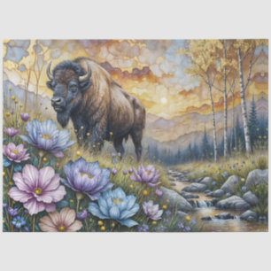 American Bison in floral mountain valley Tissue Paper