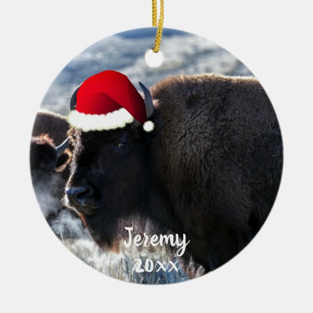 American Bison in Santa Hat  Ceramic Ornament (Front)