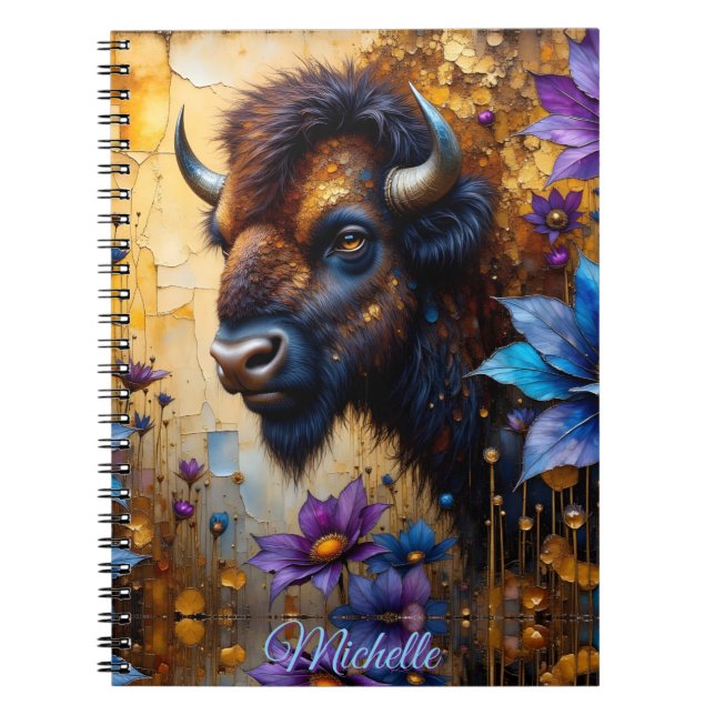 American Bison in textured Flower *Personalize* Notebook (Front)
