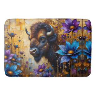 American Bison in textured Flower portrait Bath Mat