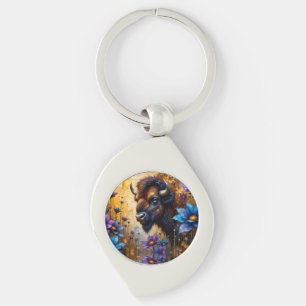 American Bison in textured Flower portrait Key Ring