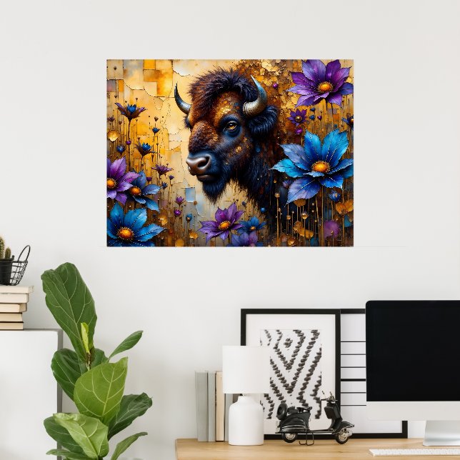 American Bison in textured Flower portrait Poster (Home Office)
