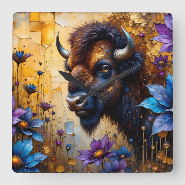 American Bison in textured Flower portrait Square Wall Clock (Front)