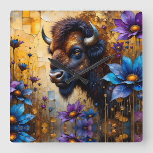 American Bison in textured Flower portrait Square Wall Clock
