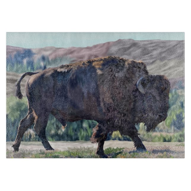 American Bison Roaming in Grassland Setting Cutting Board (Front)