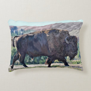 American Bison Roaming in Grassland Setting Decorative Cushion