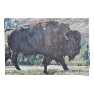 American Bison Roaming in Grassland Setting Pillowcase