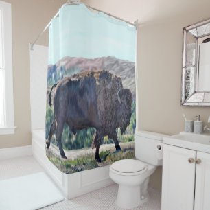American Bison Roaming in Grassland Setting Shower Curtain