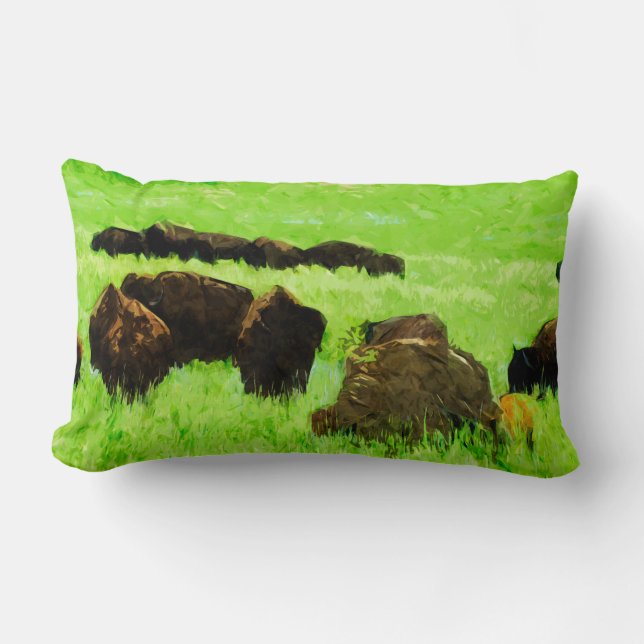 American Bison With Young Abstract Impressionism Lumbar Cushion (Front)
