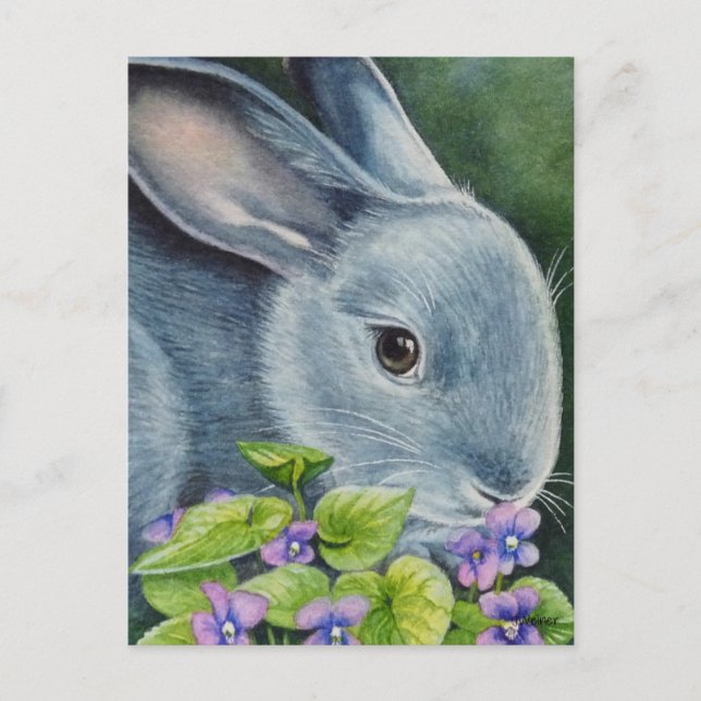 American Blue Rabbit in Violets Watercolor Art Postcard (Front)
