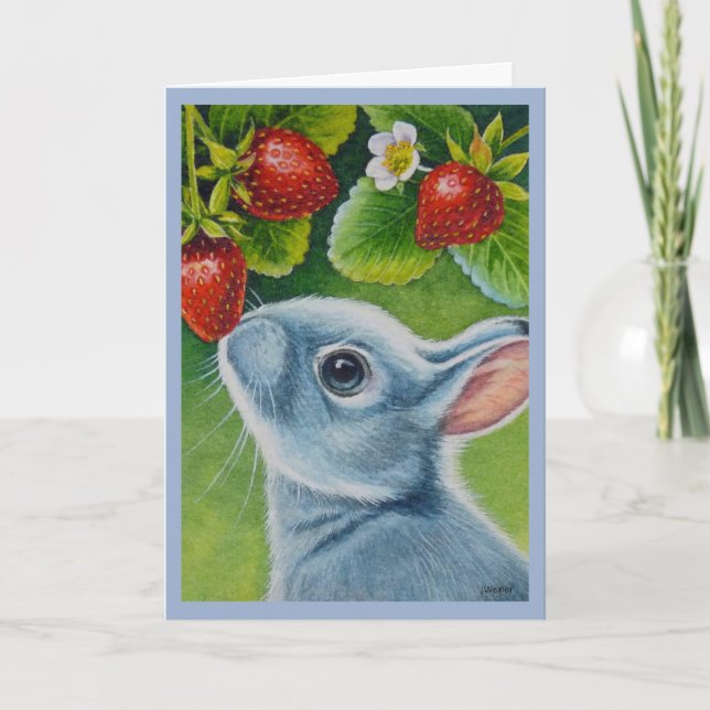 American Blue Rabbit & Strawberries Watercolor Art Card (Front)